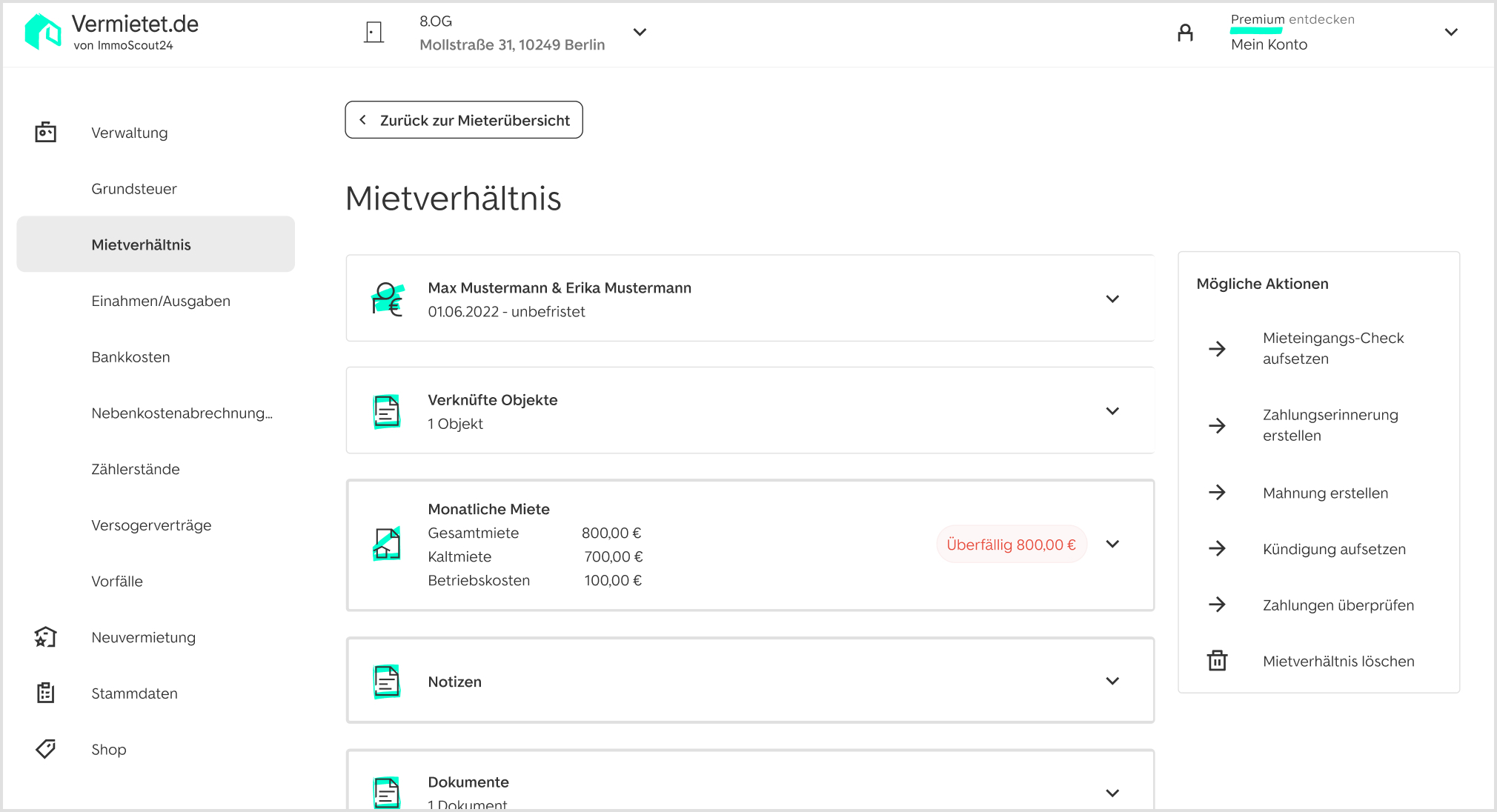 Screenshot der digitalen Vermietet.de Software auf welchem das Mietverhältnis inklusive relevanter Informationen zum Mieter zu sehen ist.