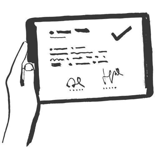 Illustration von einer Hand welche ein Tablet hält, auf welchem ein digitaler Mietvertrag skizziert ist.