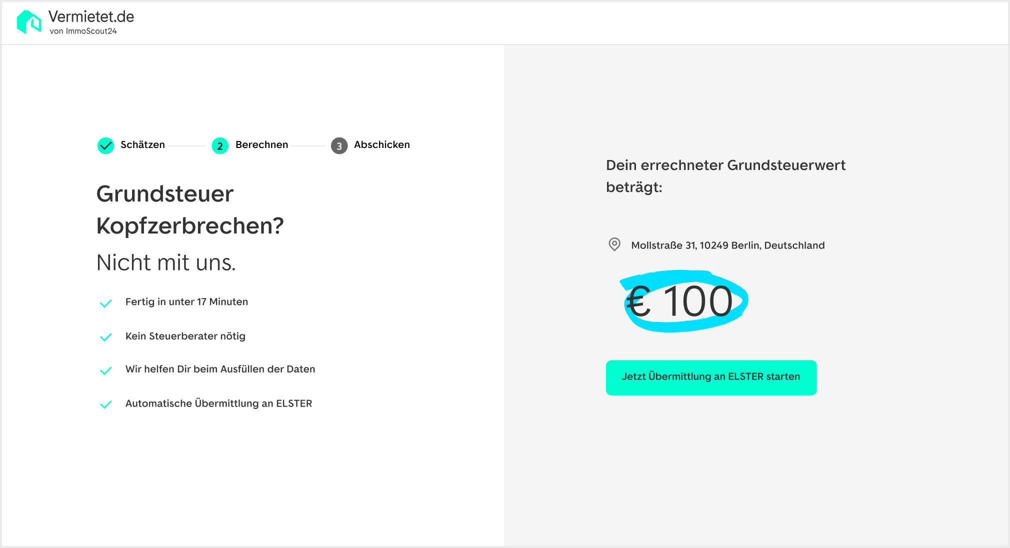 Screenshot der digitalen Vermietet.de Software auf welchem das Mietverhältnis inklusive erfolgreicher Einschätzung der Grundsteuer in Höhe von 100€.