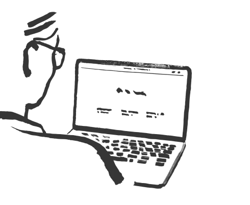 Illustration einer Person welche vor einem Laptop sitzt und sich etwas durchliest.