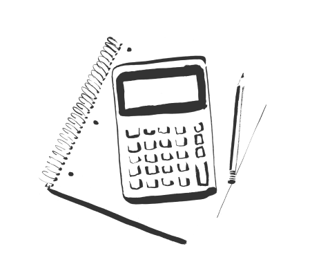 Illustration eines Notizblocks auf welchem ein Taschenrechner sowie Bleistift liegt.