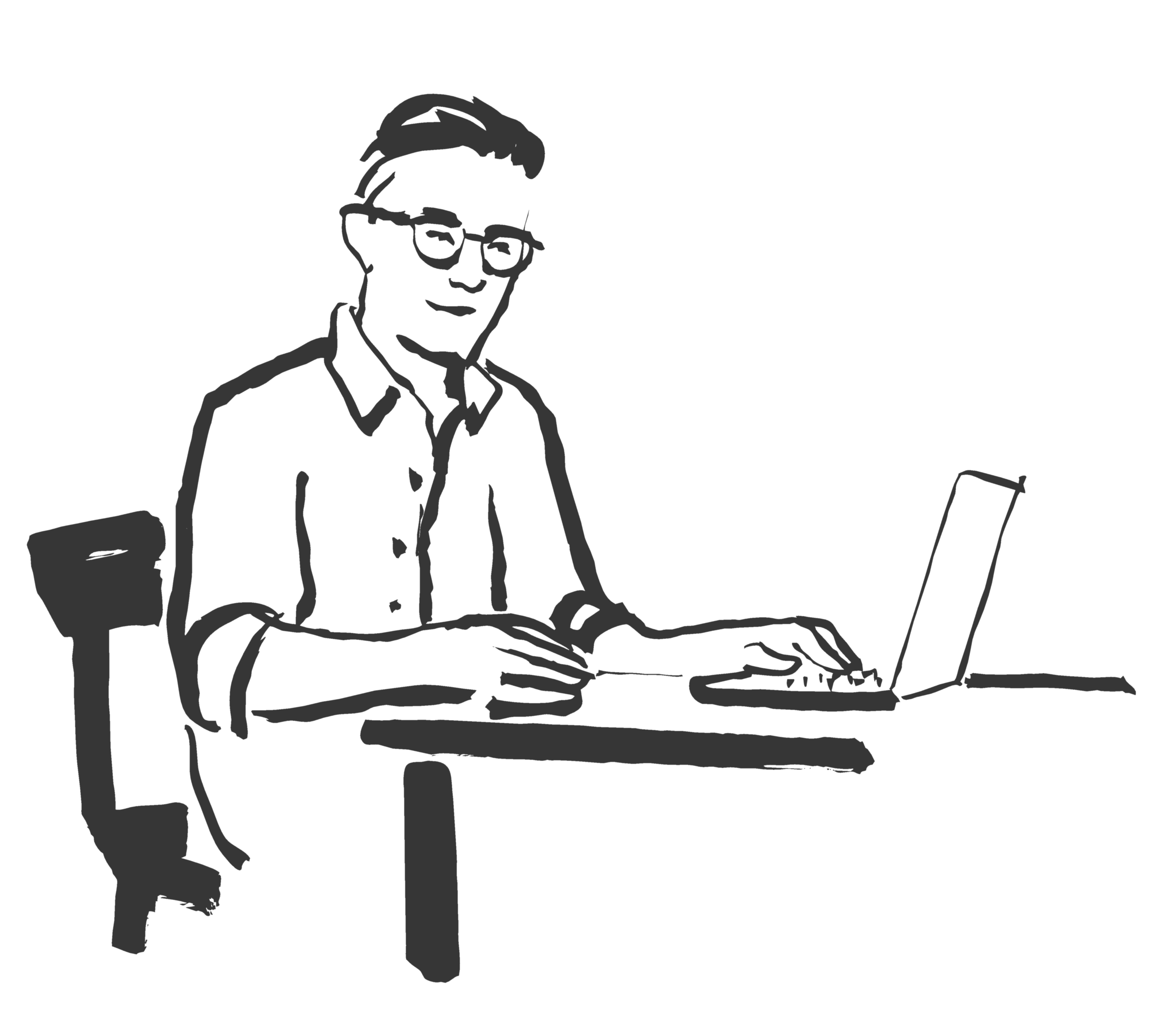 Illustration eines Mannes an einem Schreibtisch mit einem Laptop.