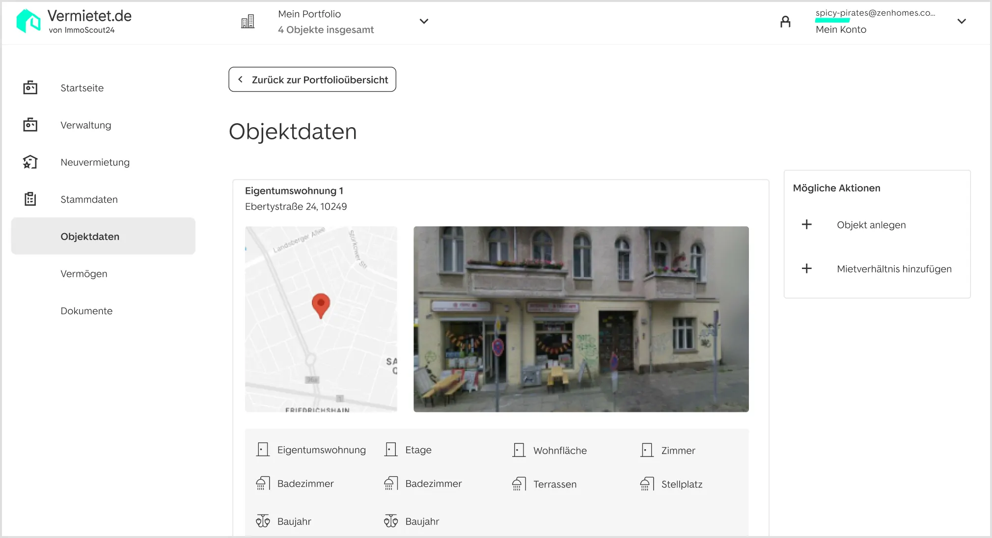 Screenshot der Vermietet.de Software auf welchem die Objektdaten inklusive Standort, Details sowie Bildern dargestellt sind.