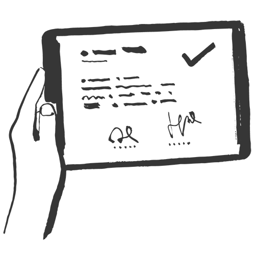 Illustration von einer Hand welche ein Tablet hält, auf welchem ein digitaler Mietvertrag skizziert ist.