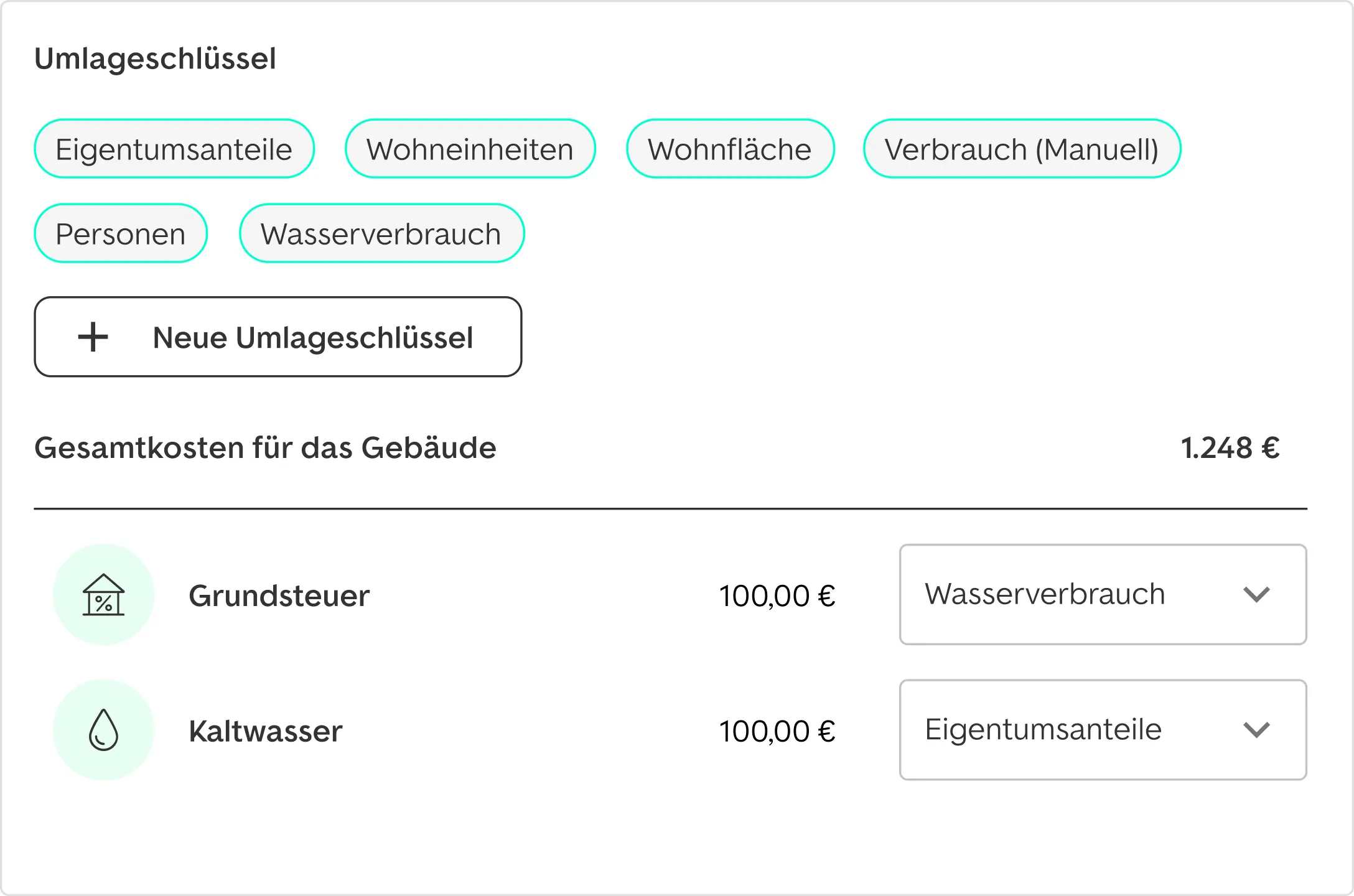 Screenshot der Vermietet.de Software welche die Auswahl des Umlageschlüssels darstellt.