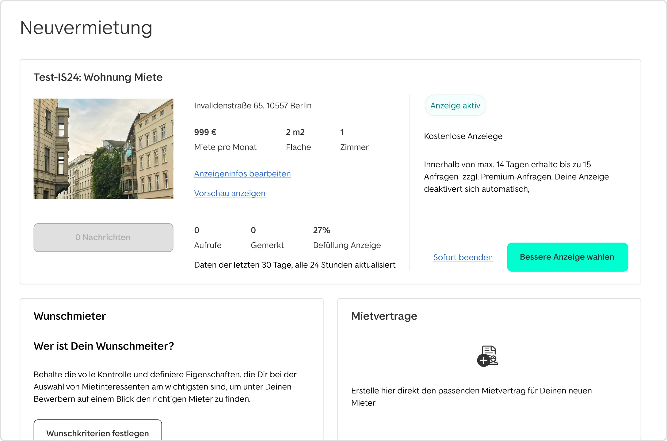 Screenshot der digitalen Immobilienverwaltungs Software Vermietet.de auf welchem das Dashboard zur Neuvermietung zu sehen ist.