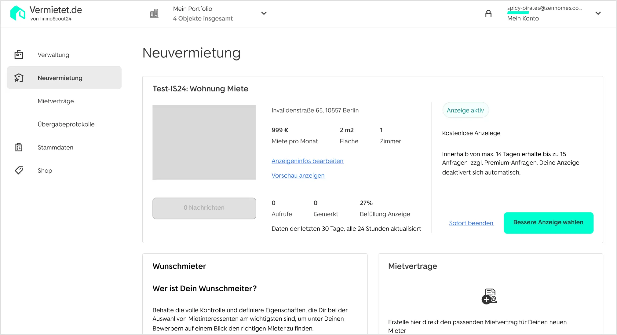 Screenshot der digitalen Vermietet.de Software auf welchem das Dashboard zur Neuvermietung inklusive Anzeige und Mietvertragserstellung dargestellt wird.