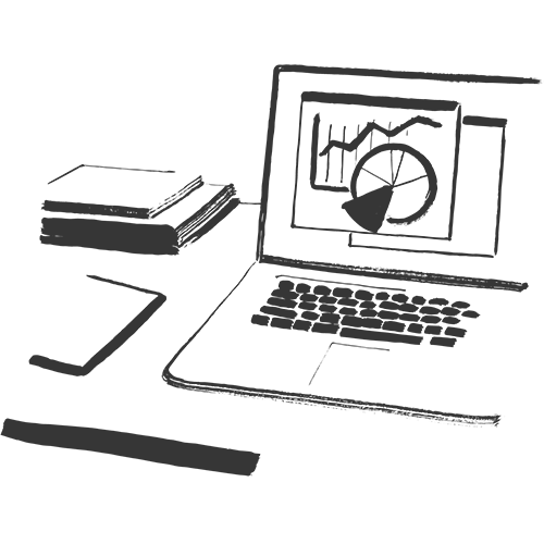 Illustration eines Schreibtisch auf dessen ein Laptop sowie Notizbücher liegen.